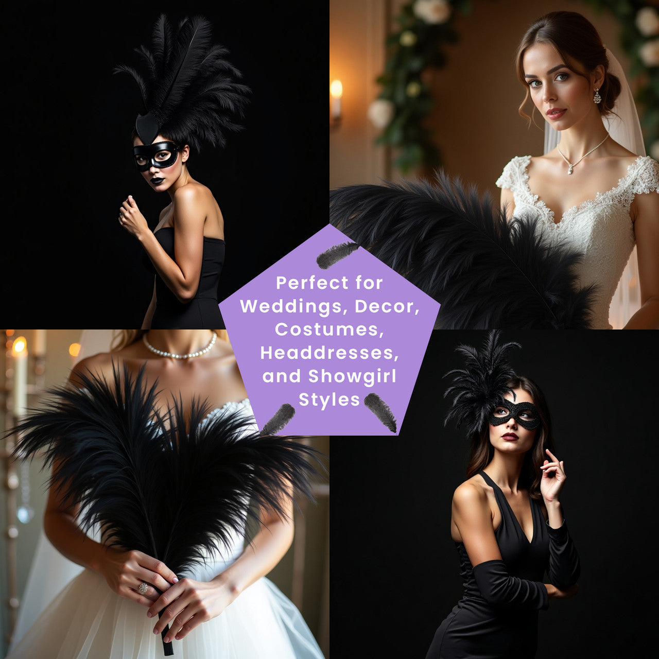 50-60cm Loose Ostrich Feathers, 5pcs - Black