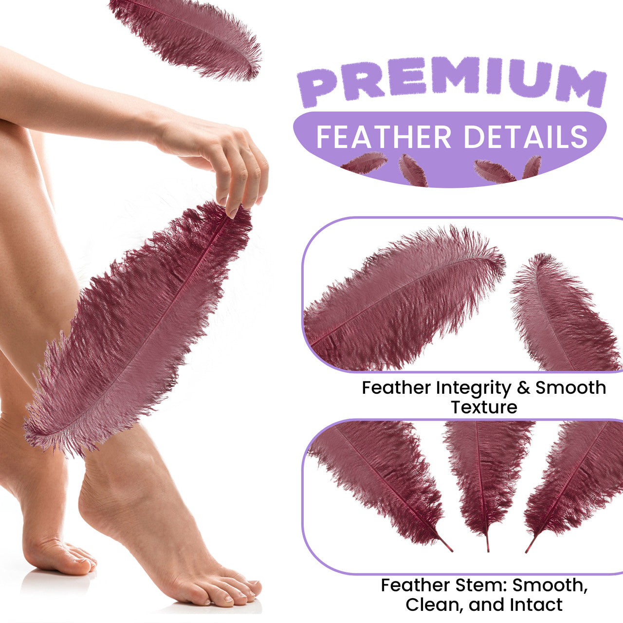 50-60cm Loose Ostrich Feathers, 5pcs - Burgundy