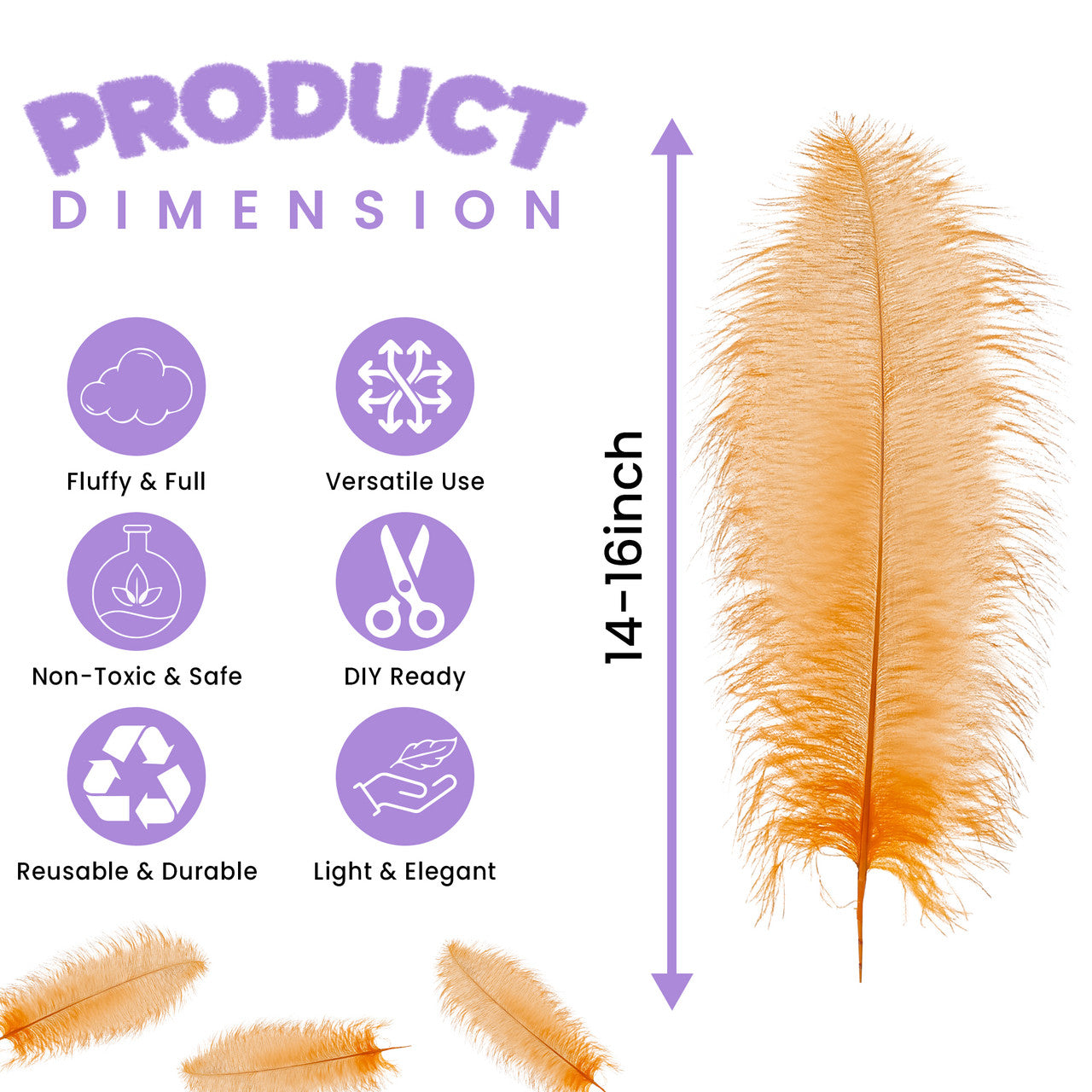 50-60cm Loose Ostrich Feathers, 5pcs - Orange
