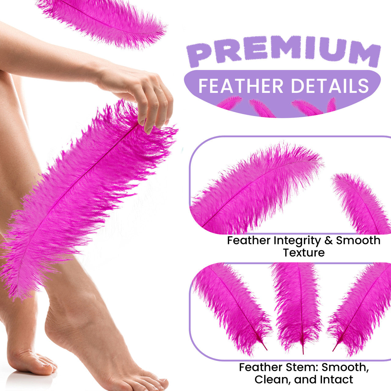 50-60cm Loose Ostrich Feathers, 5pcs - Hot Pink