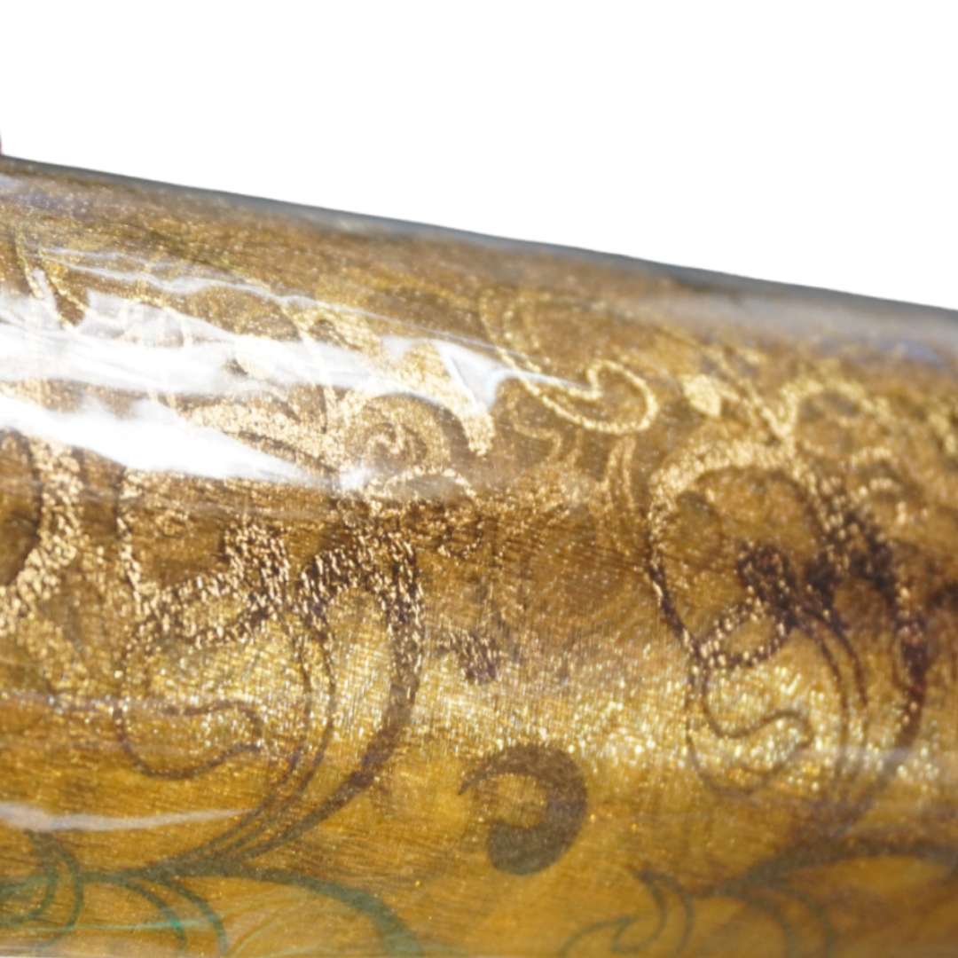 25m x 29cm Organza Roll - Gold Flocked Swirl Design Print