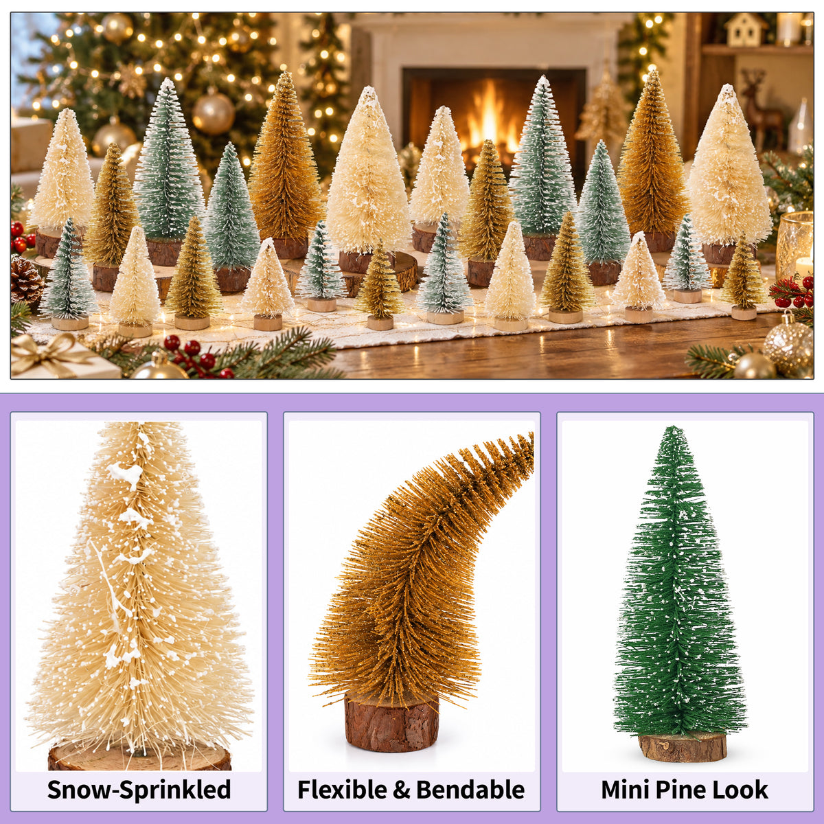 24pcs Mini Christmas Bottle Brush Trees, 3 Designs, 4 Assorted Sizes