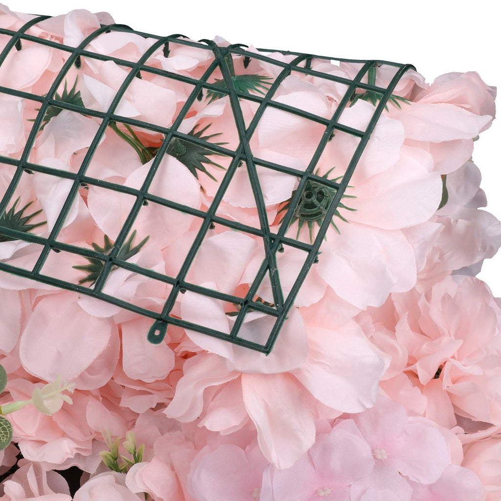 Hydrangea Artificial Flower Wall Panel 60cm x 40cm - Baby Pink with Leaves x 12