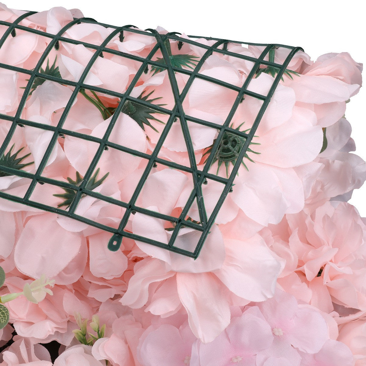 Hydrangea Artificial Flower Wall Panel 60cm x 40cm - Baby Pink with Leaves x 12