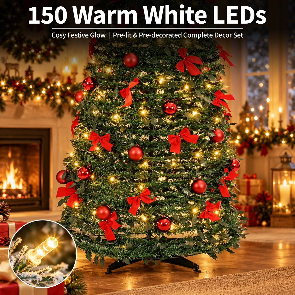 A decorated Christmas tree in a cozy living room setting, lit with warm white LED lights and adorned with red bows and red ornaments. Text at the top reads '150 Warm White LEDs' and 'Cosy Festive Glow | Pre-lit & Pre-decorated Complete Decor Set.