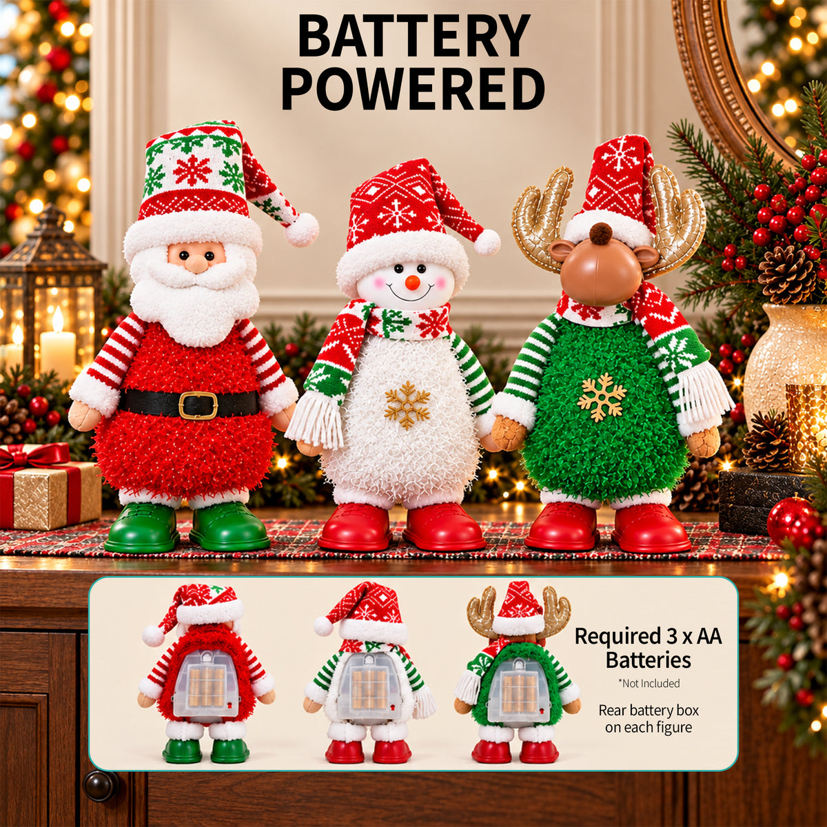 Animated Santa, Snowman and Reindeer Christmas Figures with LED Lights