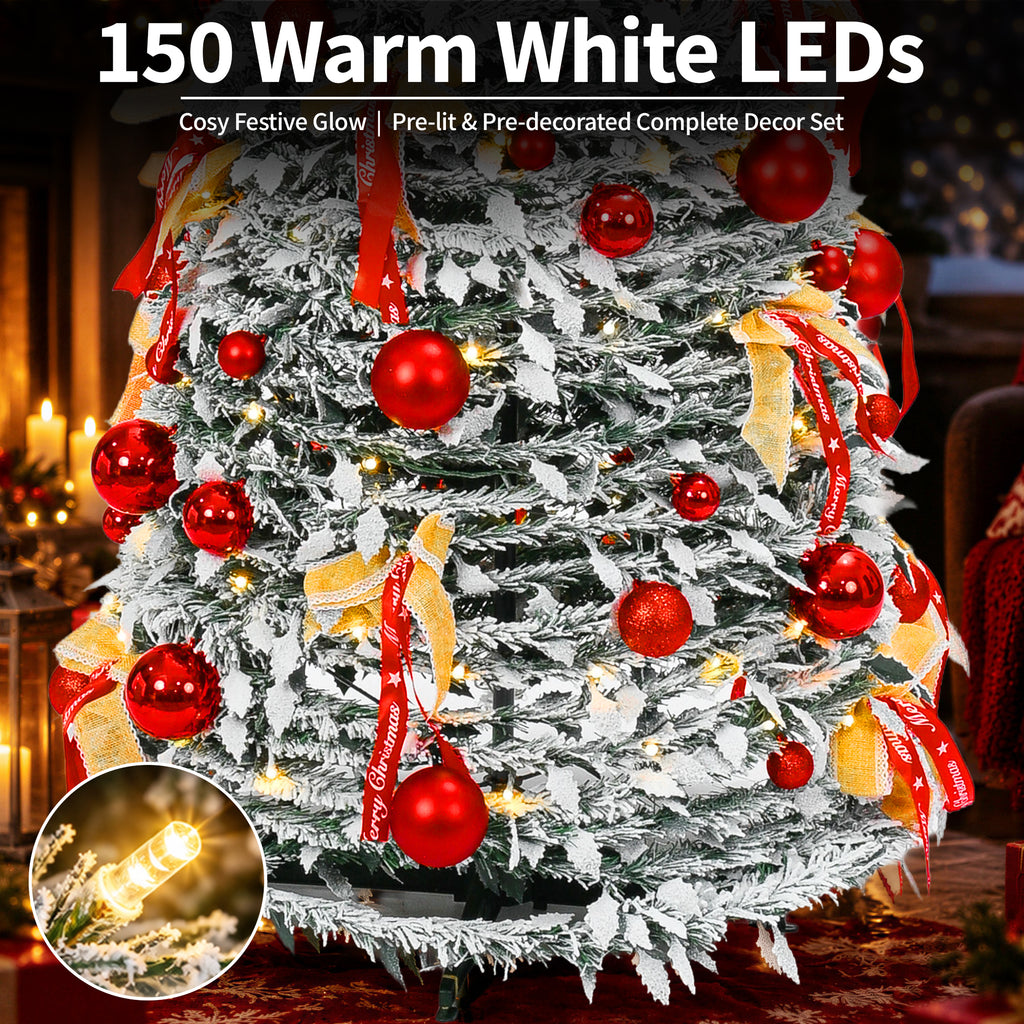 6ft Pop-Up Silver Christmas Tree with 150 Warm White LED Lights, Red Baubles & Festive Bows