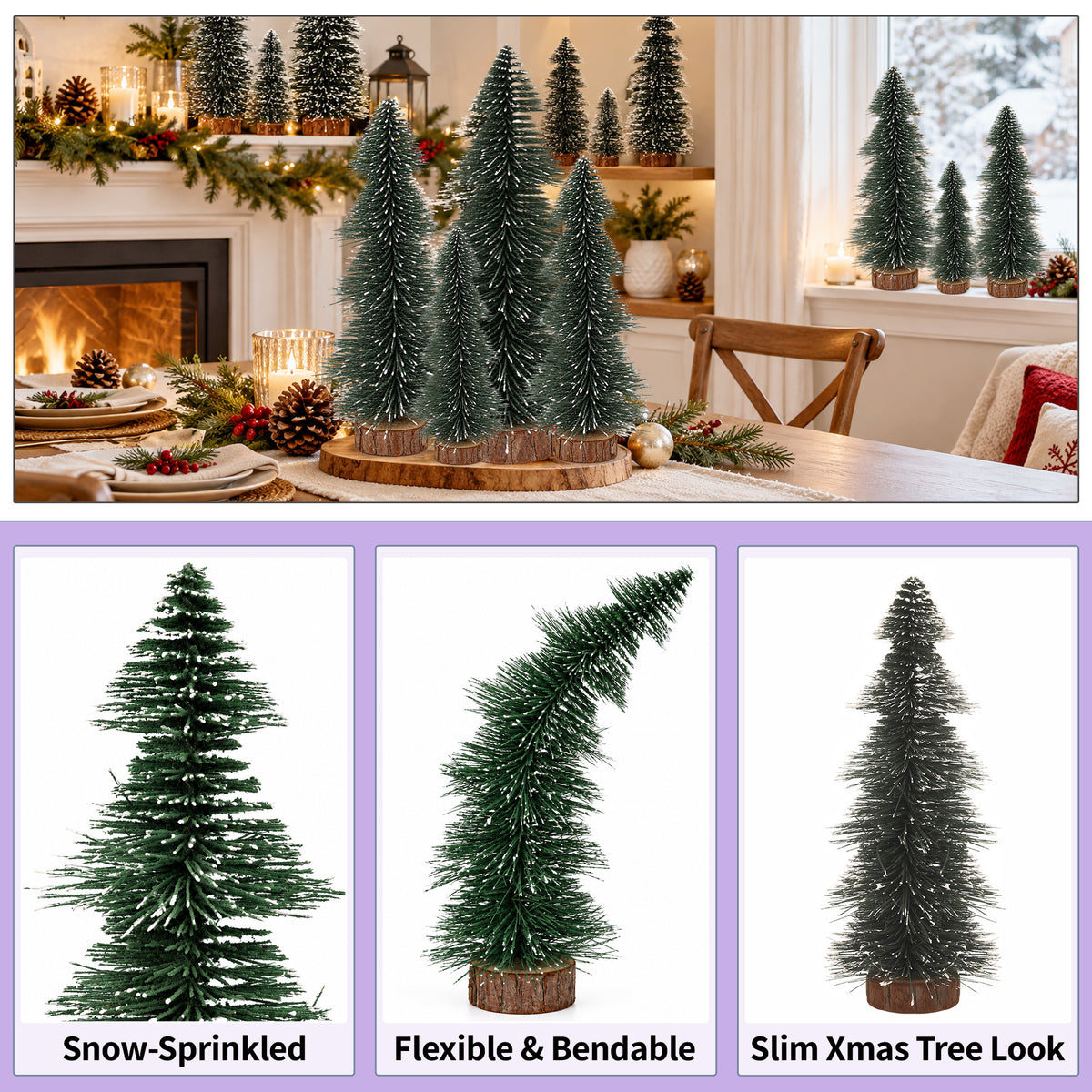 4pc Mini Christmas Trees Set, Green Snow-Dusted Pine