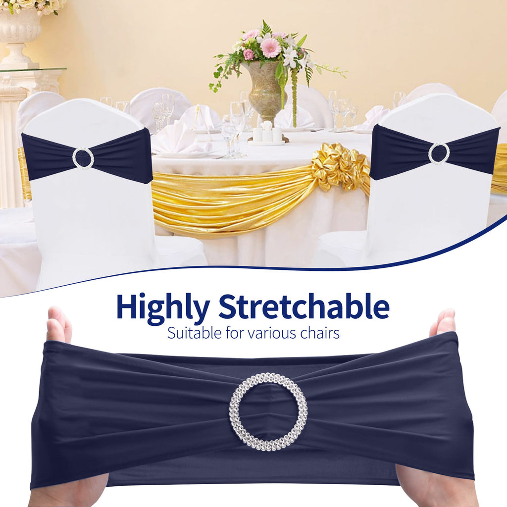 Spandex Chair Band with Round Diamante Buckle - Navy Blue