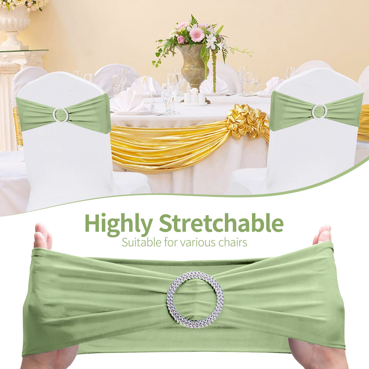 Spandex Chair Band with Round Diamante Buckle - Sage Green