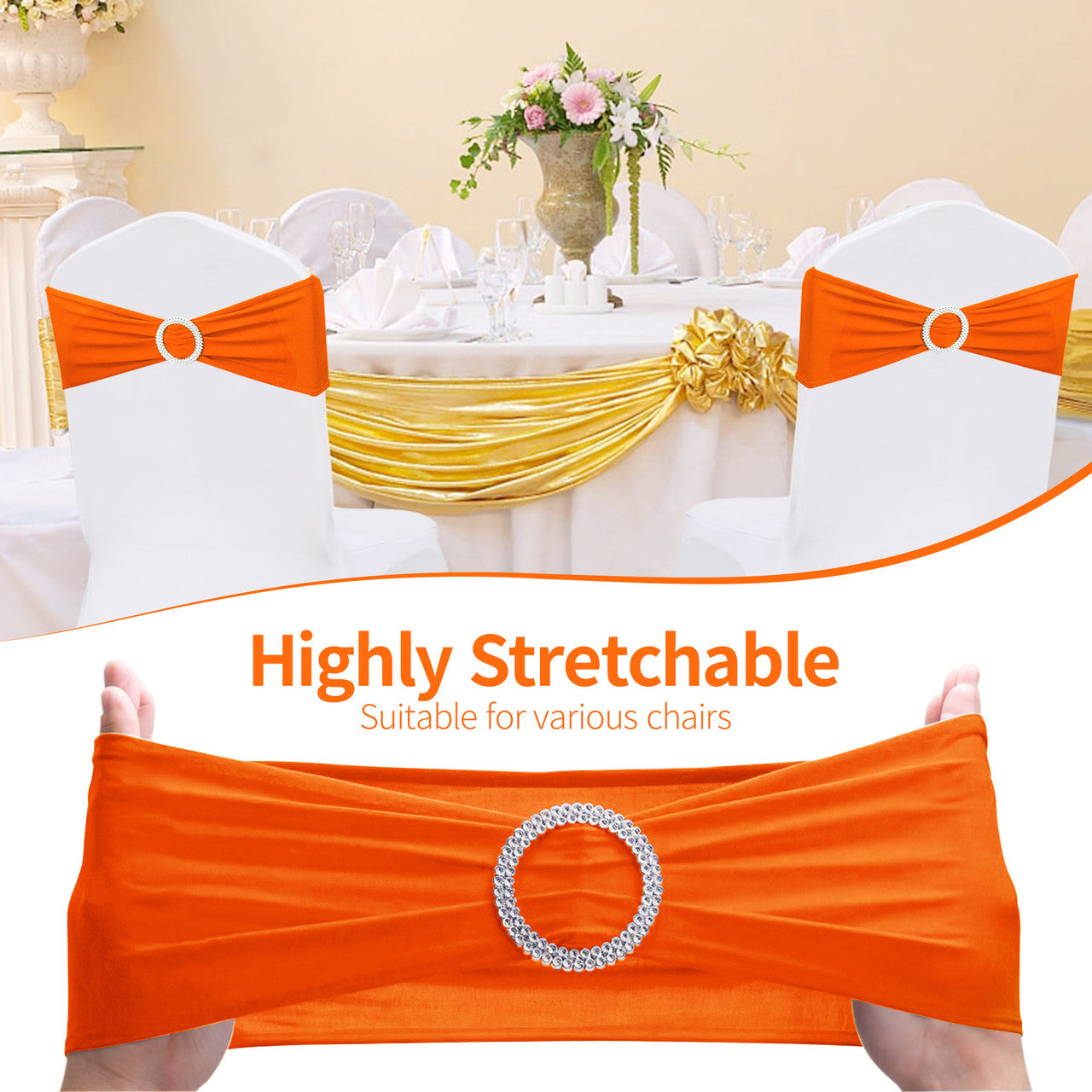Spandex Chair Band with Round Diamante Buckle - Orange