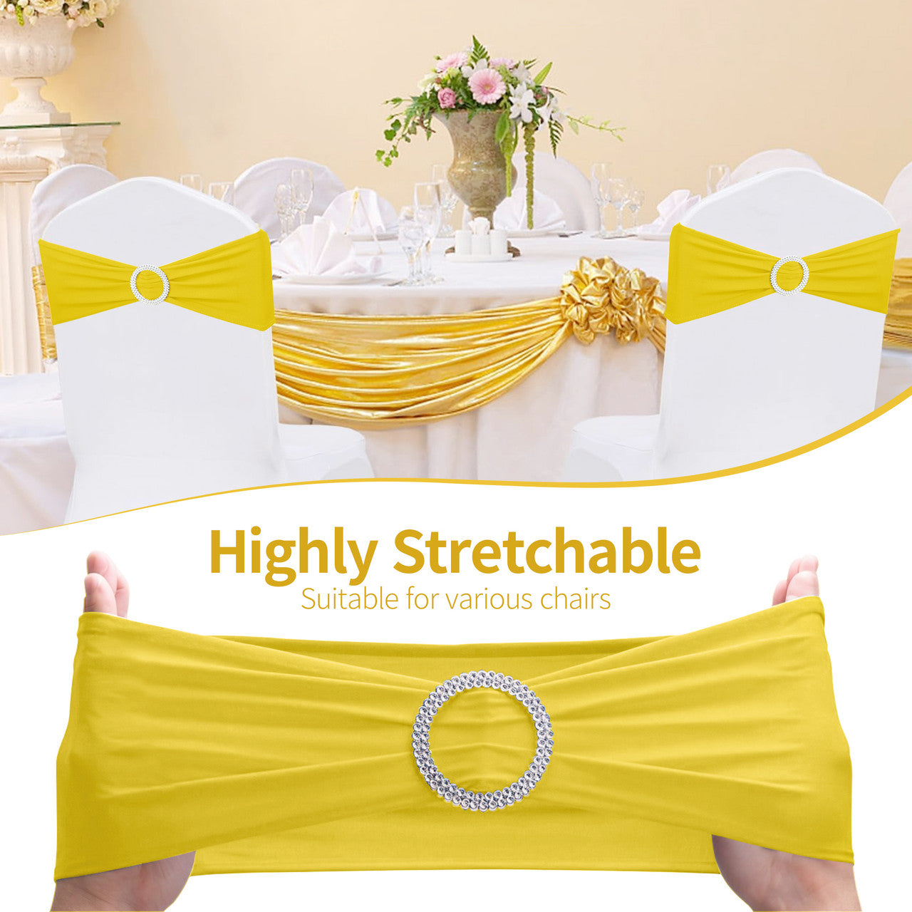 Spandex Chair Band with Round Diamante Buckle - Lemon