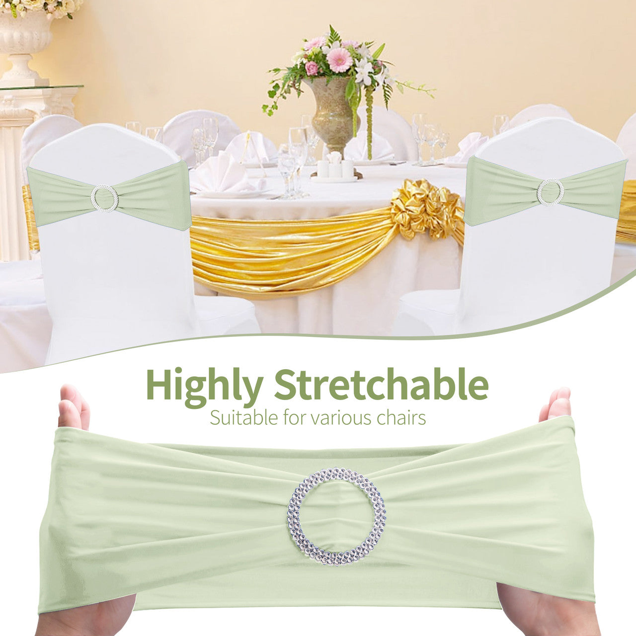 Spandex Chair Band with Round Diamante Buckle - Ivory
