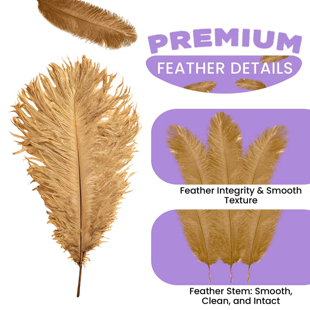 35-40cm Loose Ostrich Feathers, 5pcs - Gold