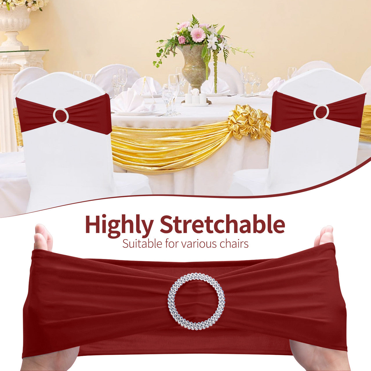 Spandex Chair Band with Round Diamante Buckle - Deep Red