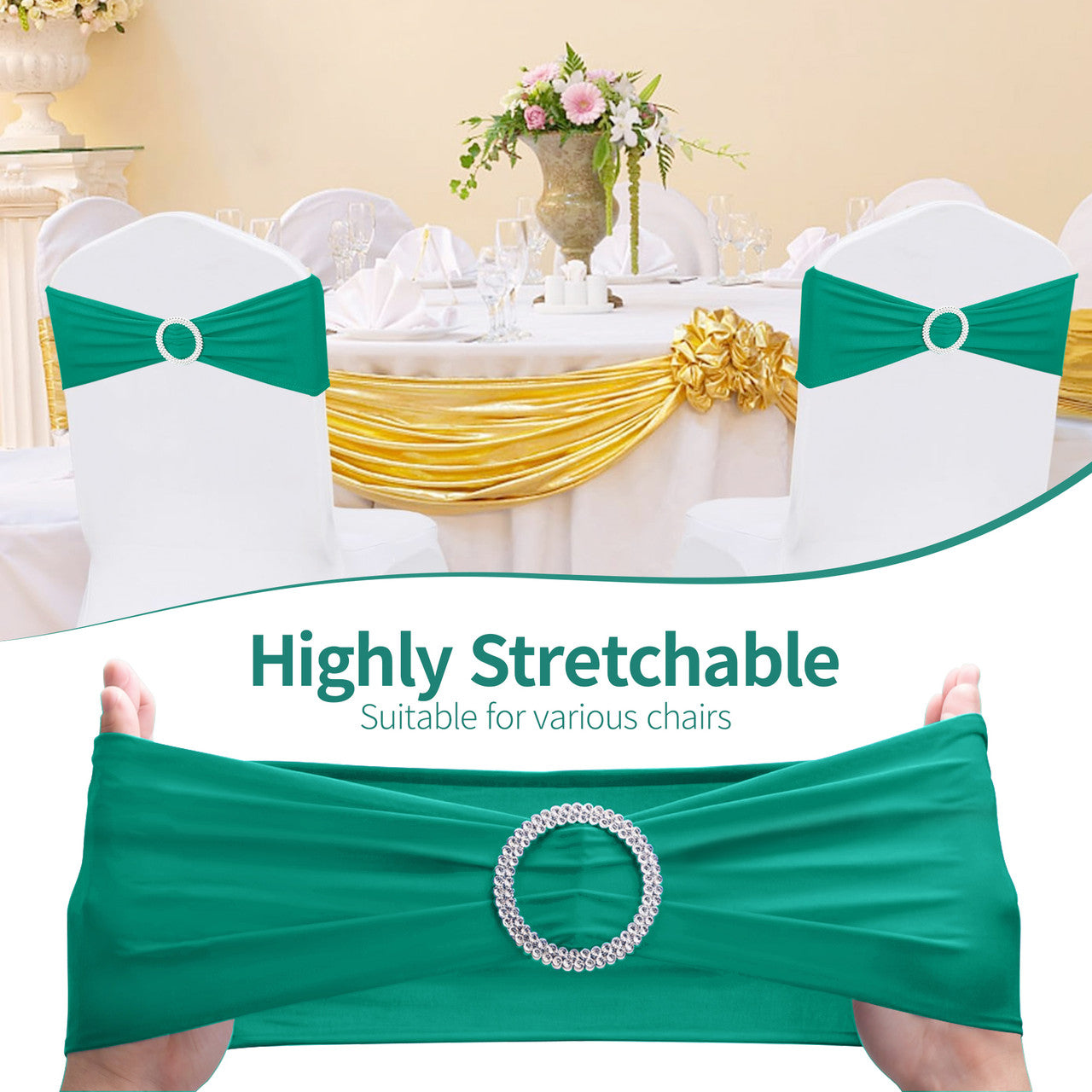 Spandex Chair Band with Round Diamante Buckle - Turquoise
