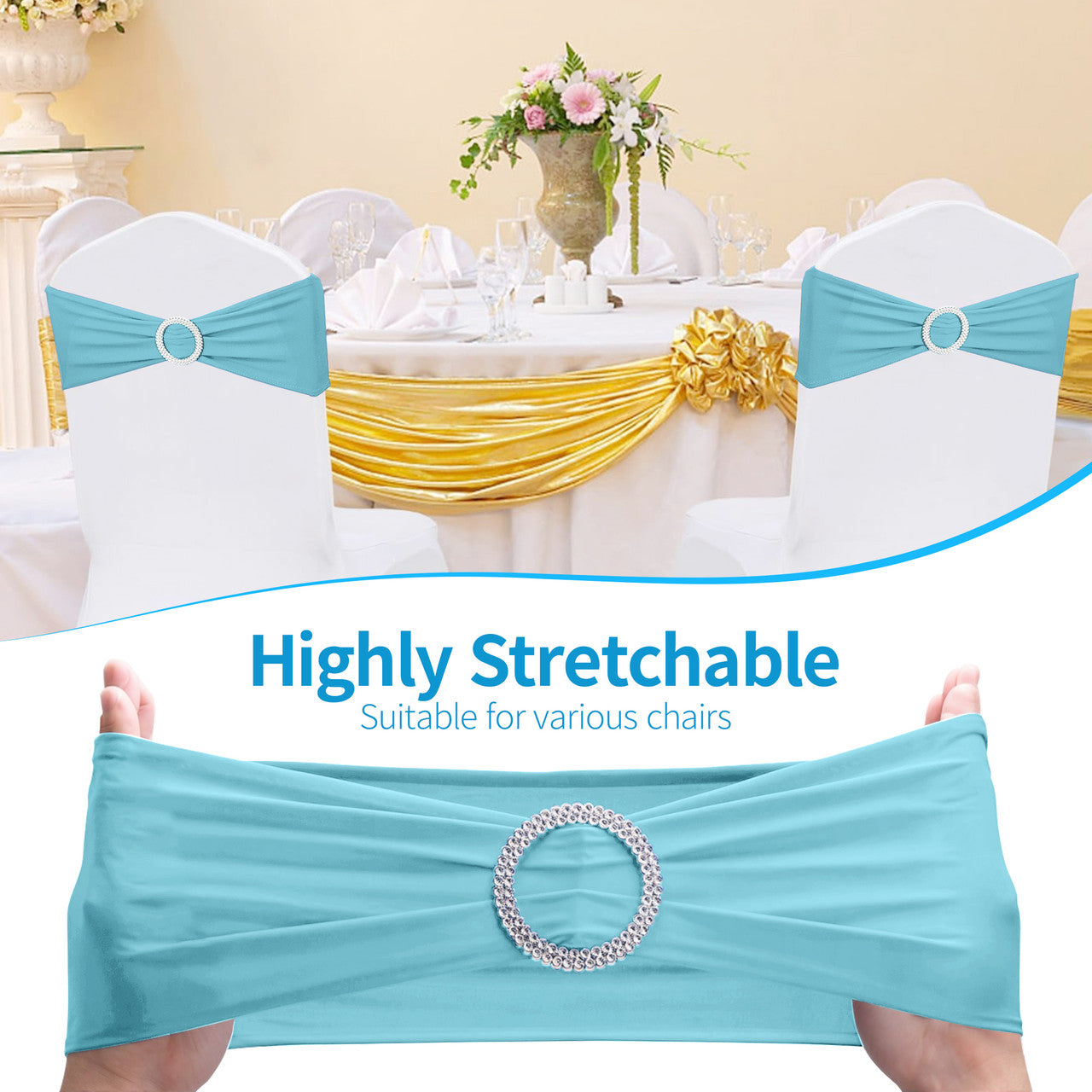 Spandex Chair Band with Round Diamante Buckle - Baby Blue