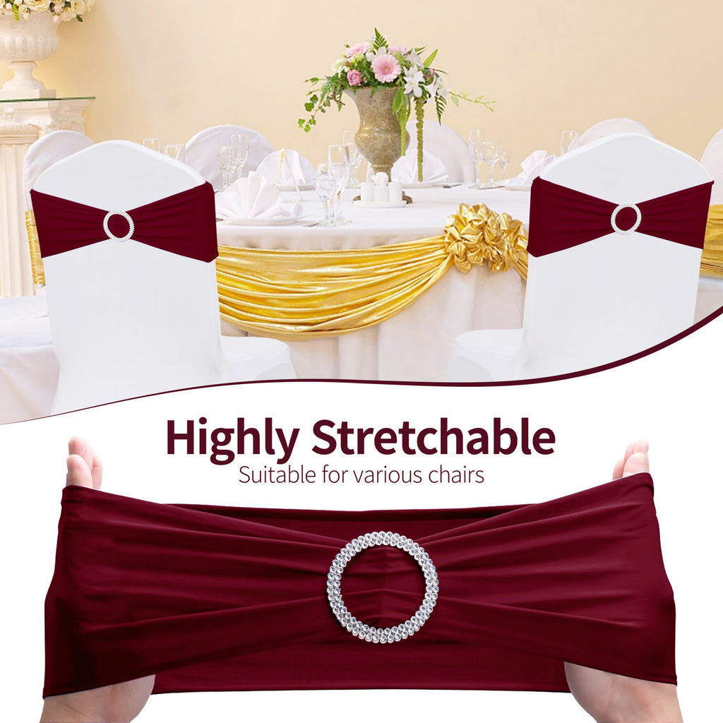 Spandex Chair Band with Round Diamante Buckle - Burgundy