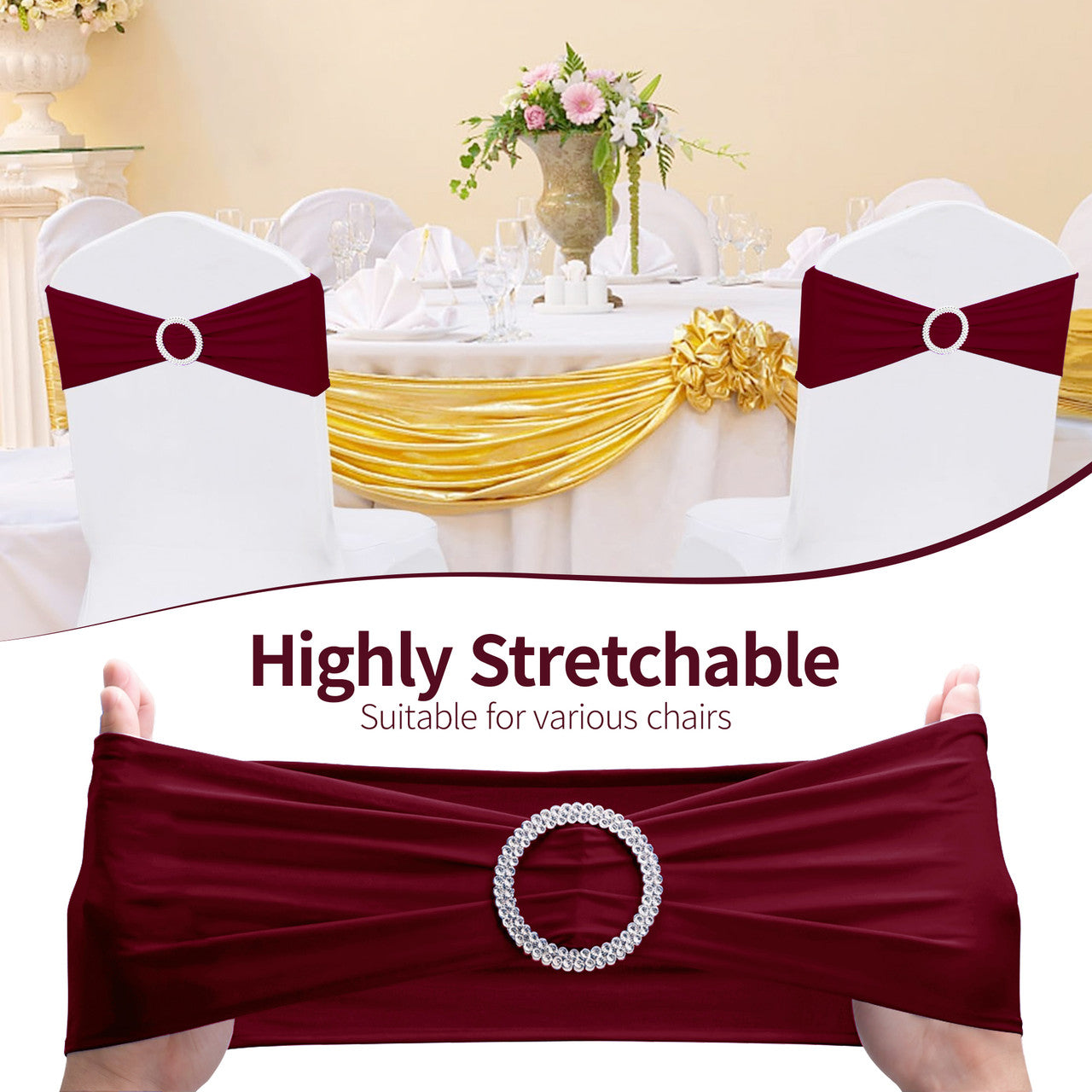 Spandex Chair Band with Round Diamante Buckle - Burgundy