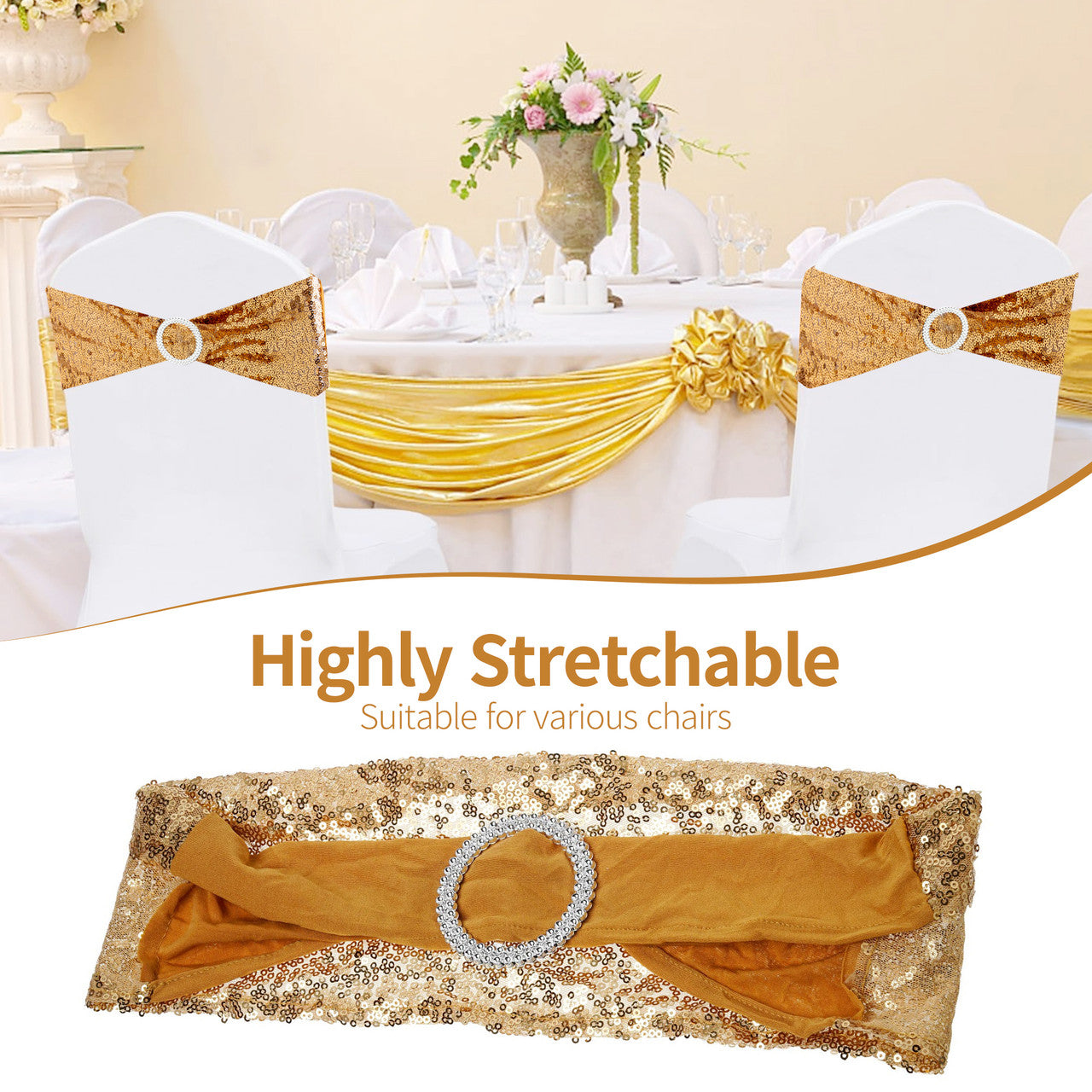 Sparkling Sequin Chair Bands with Diamante Buckle - Gold