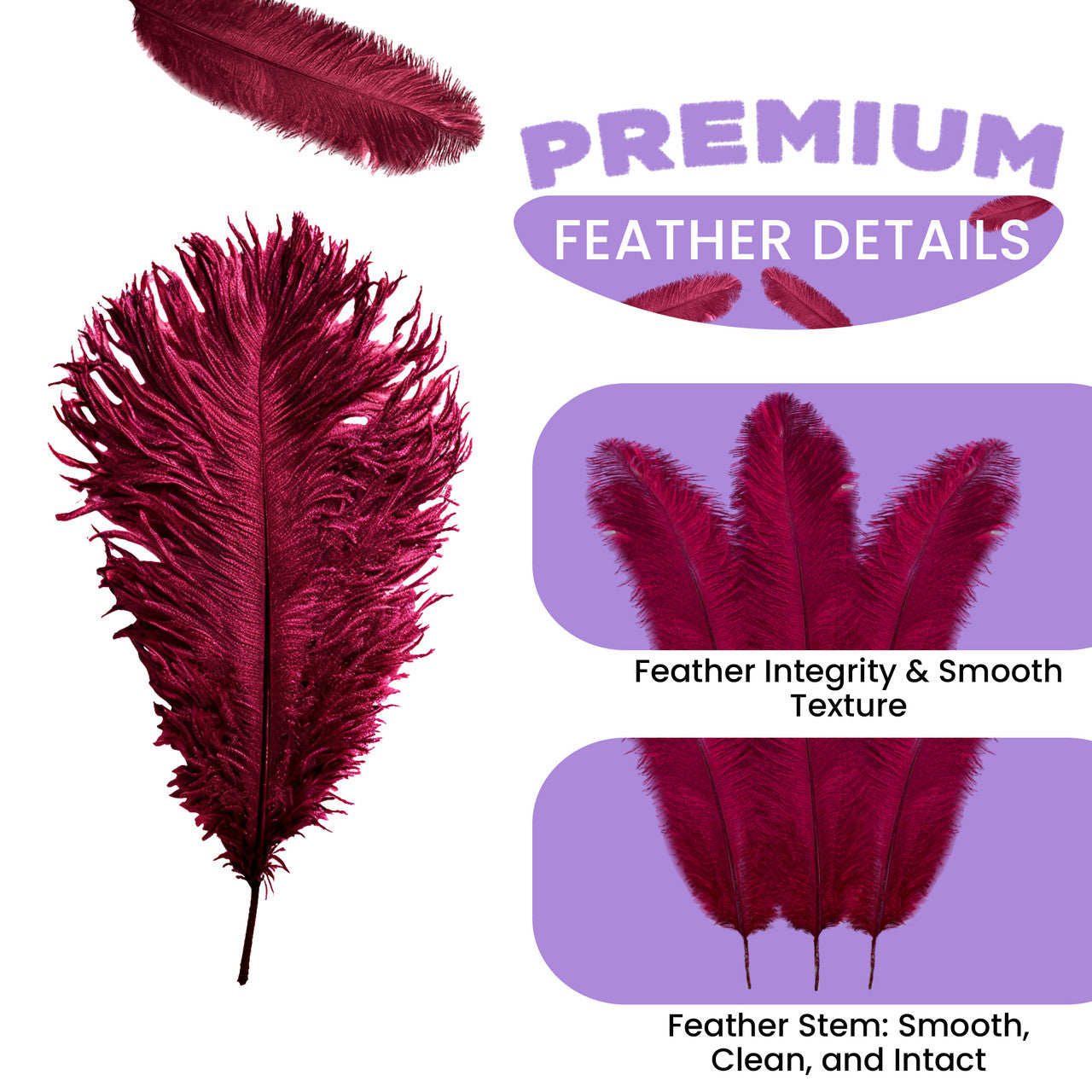 35-40cm Loose Ostrich Feathers, 5pcs - Burgundy