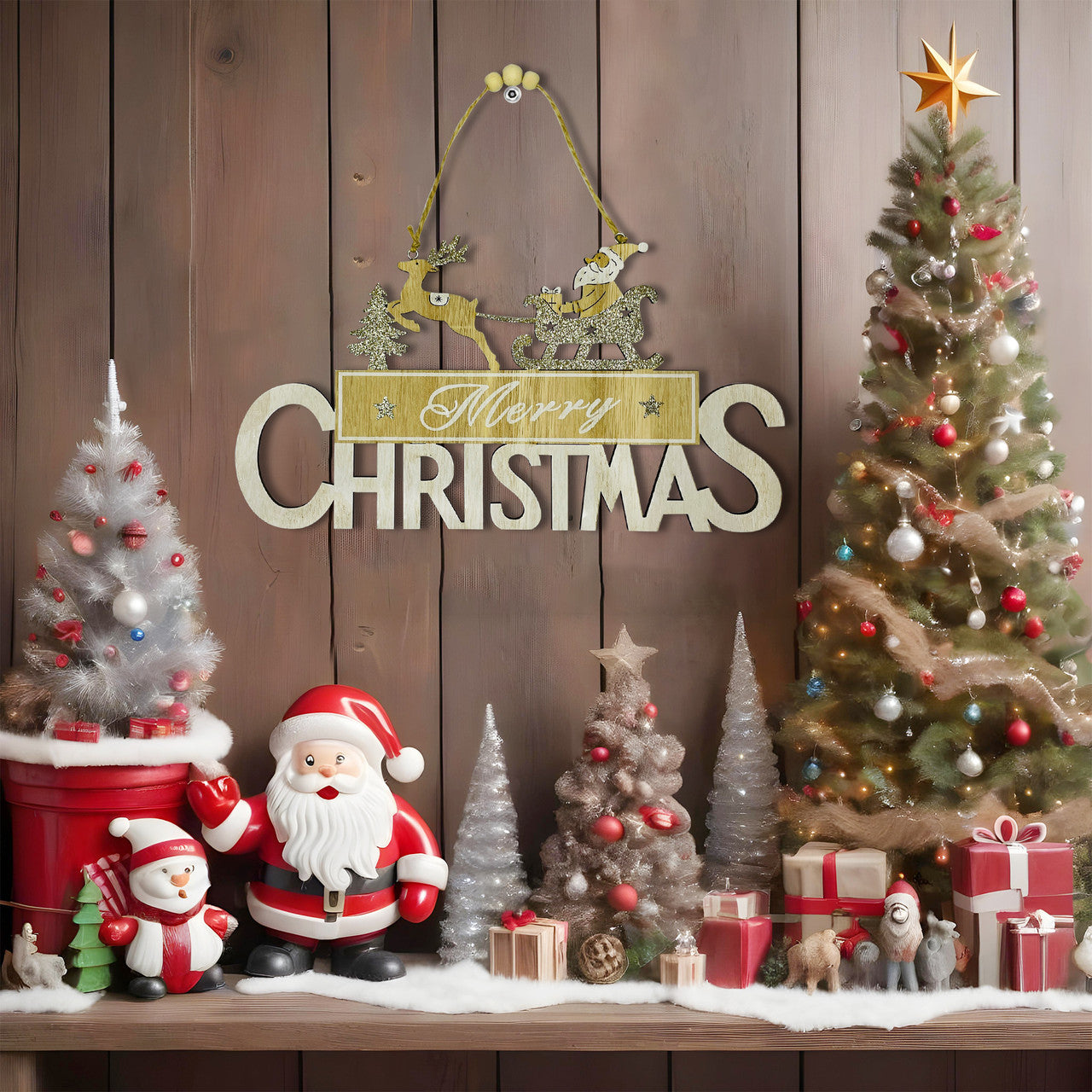 Merry Christmas Door Hanging Sign Plaque - Xmas Santa Sleigh with Reindeer Design