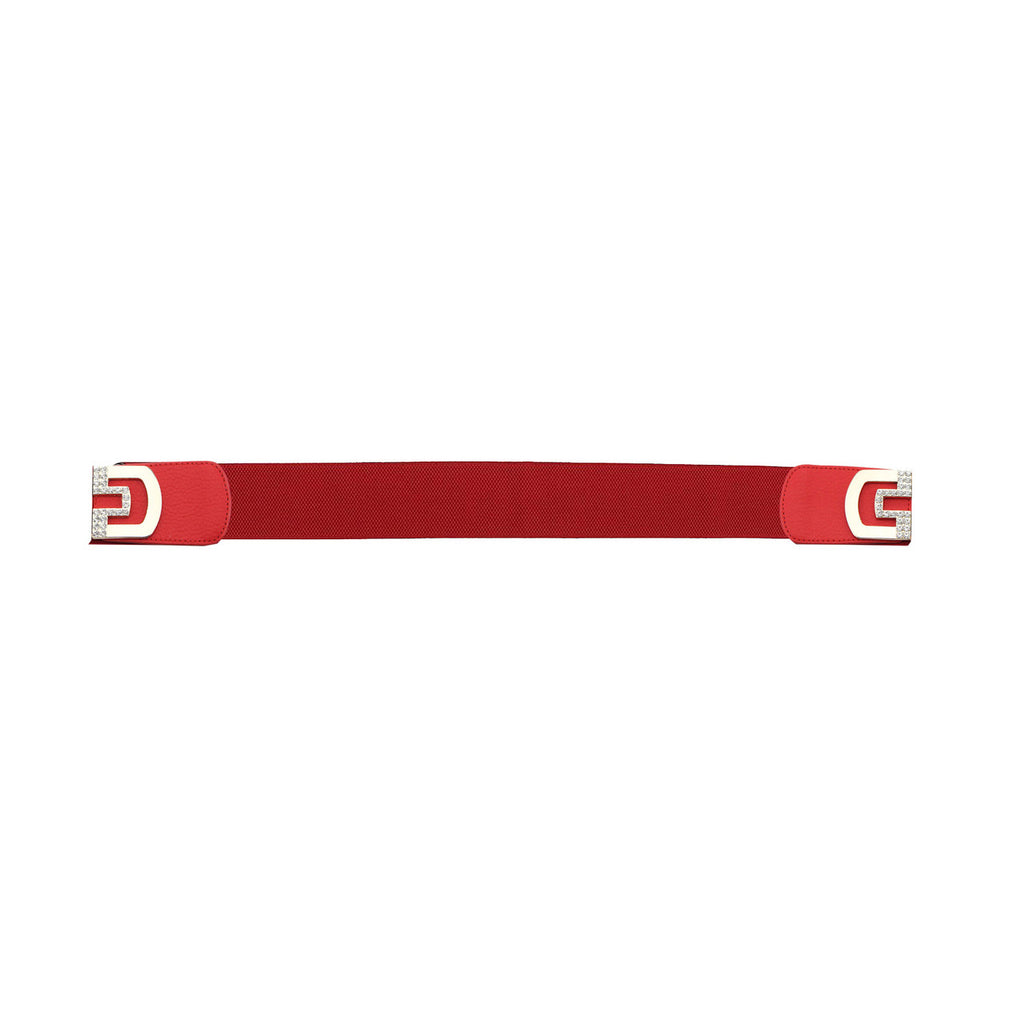 Elasticated Belt with Cross Diamante Buckle - Red