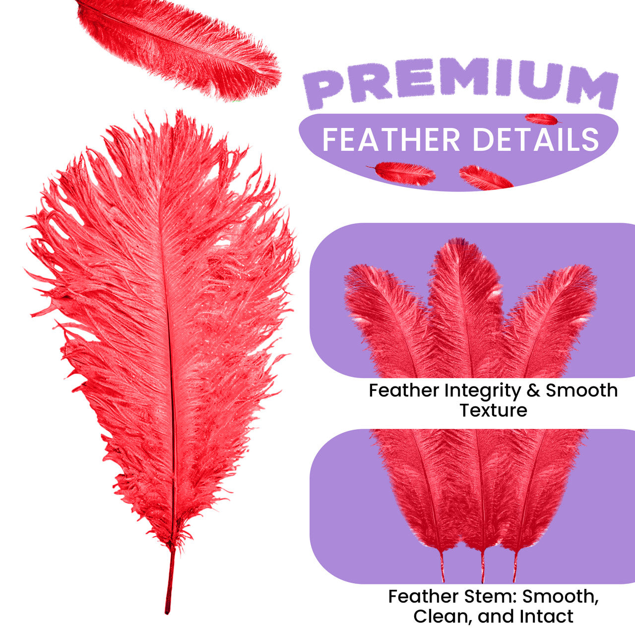 35-40cm Loose Ostrich Feathers, 5pcs - Red