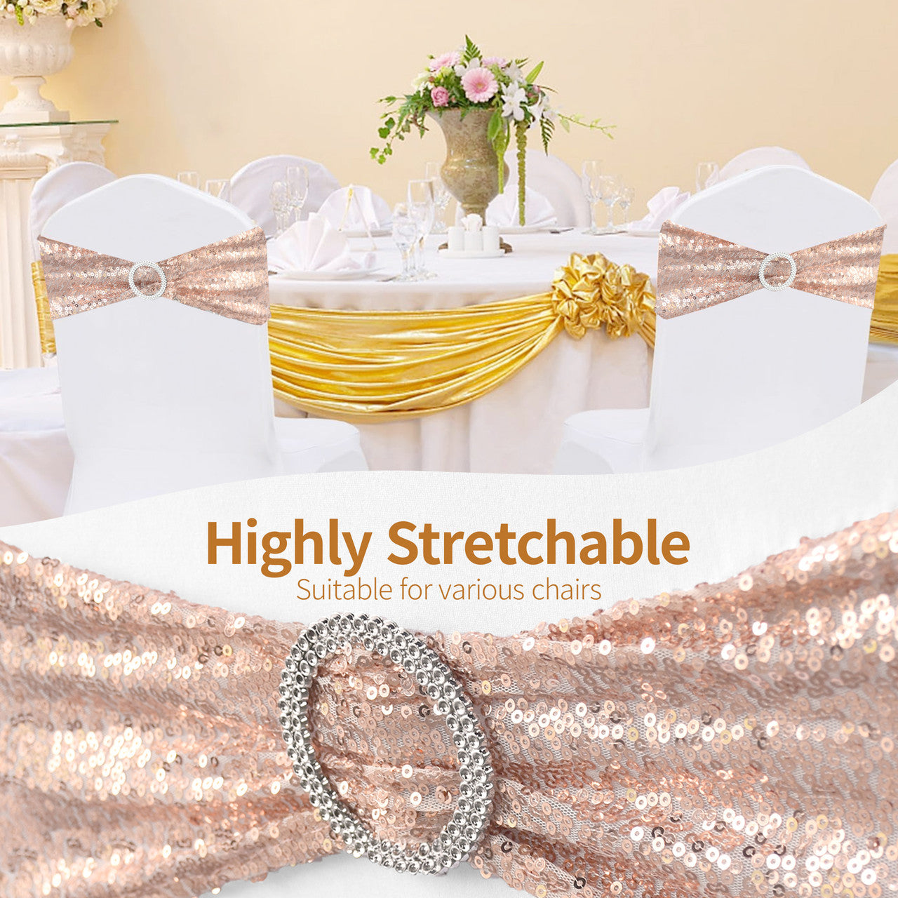 Sparkling Sequin Chair Bands with Diamante Buckle  Rose Gold