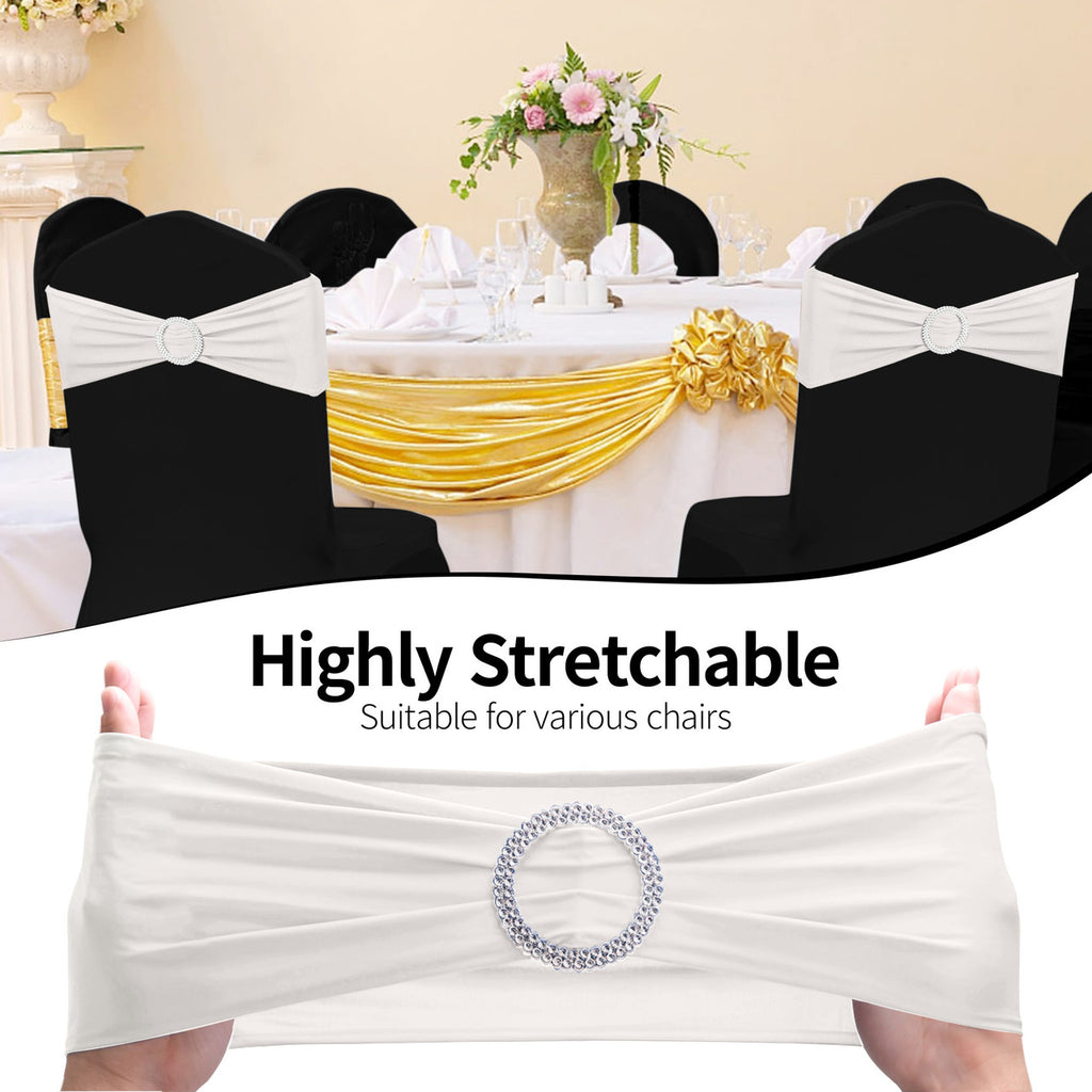 Spandex Chair Band with Round Diamante Buckle - White