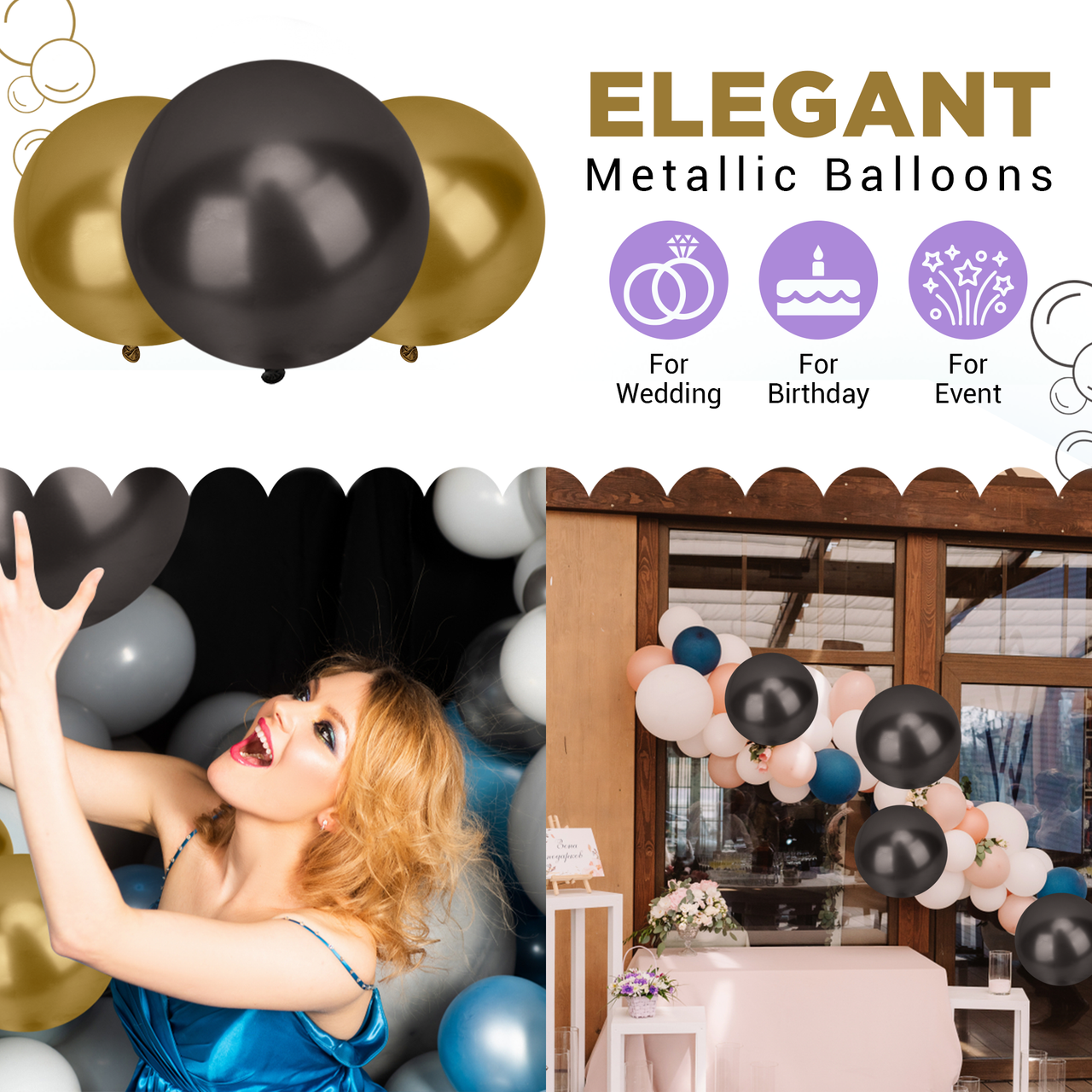 Metallic Shiny Balloons - Black & Gold