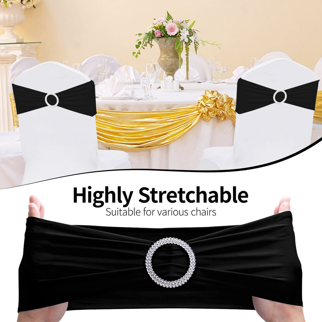 Spandex Chair Band with Round Diamante Buckle - Black