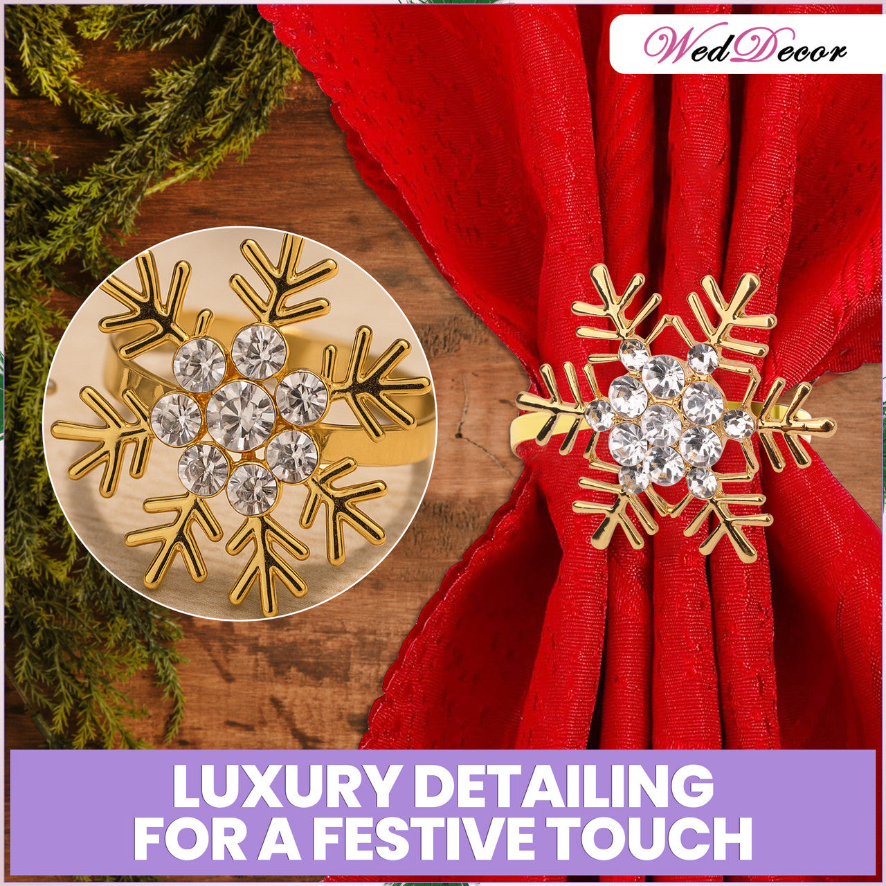 Snowflake Napkin Rings with Diamante – Christmas Table Décor - Gold