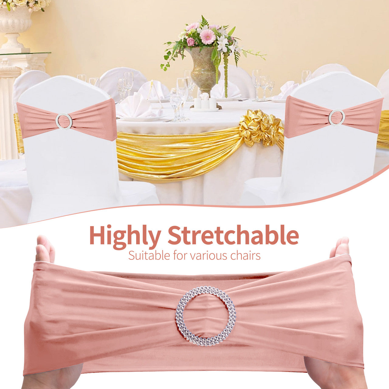 Spandex Chair Band with Round Diamante Buckle - Rose Gold