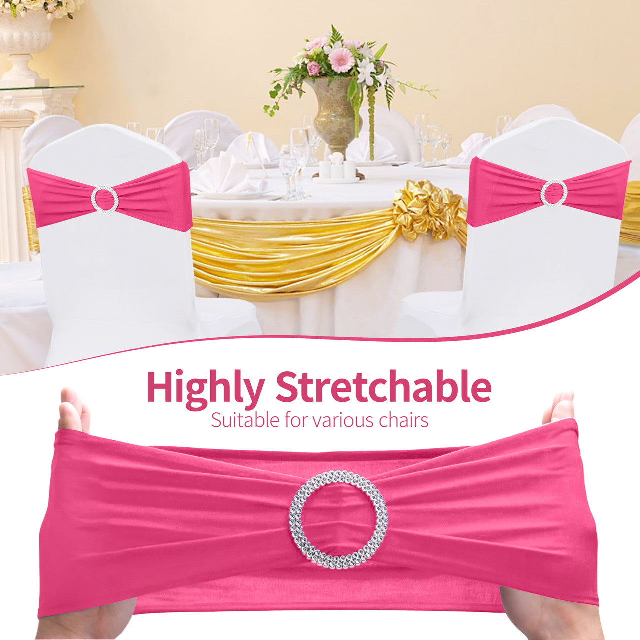 Spandex Chair Band with Round Diamante Buckle - Hot Pink