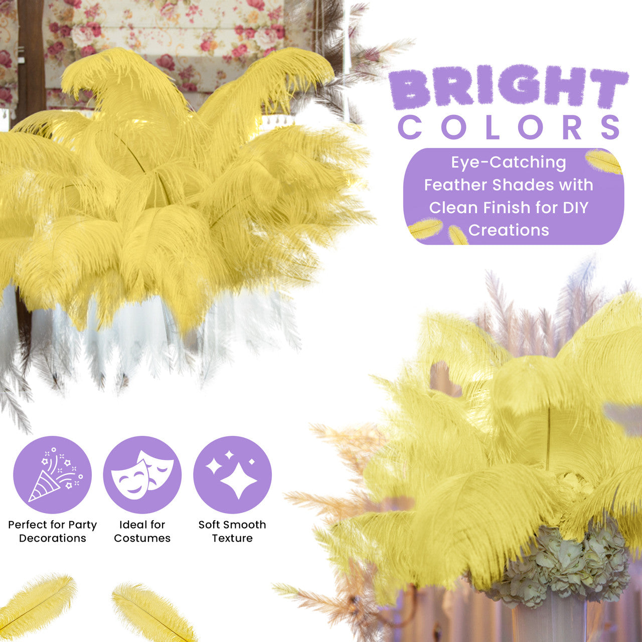 50-60cm Loose Ostrich Feathers, 5pcs - Yellow