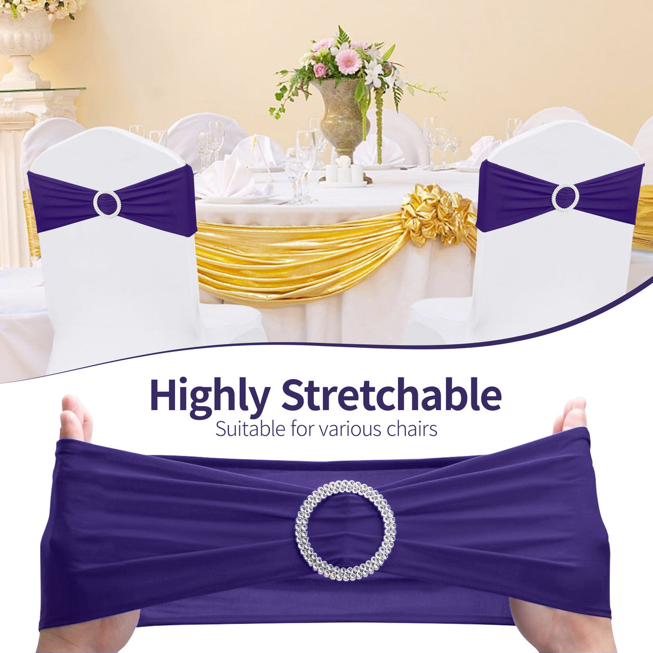Spandex Chair Band with Round Diamante Buckle - Purple