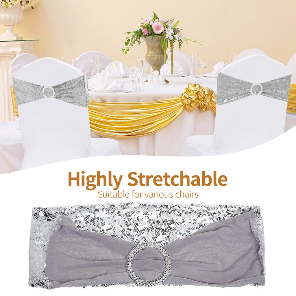 Sparkling Sequin Chair Bands with Diamante Buckle - Silver
