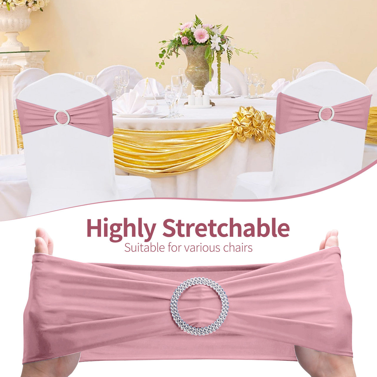 Spandex Chair Band with Round Diamante Buckle - Baby Pink