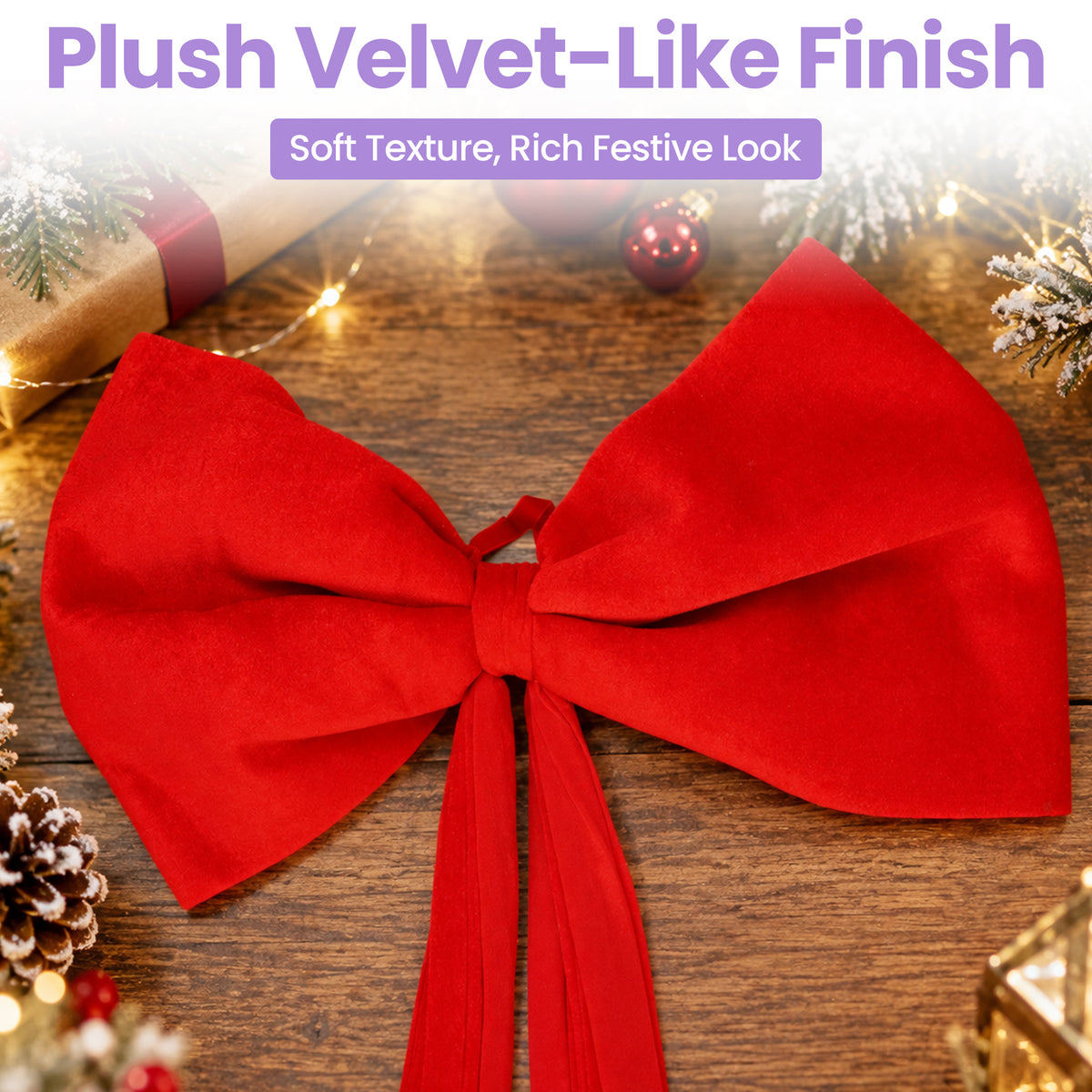 Velvet Christmas Tree Bow, Decorative Ribbon with Long Tail