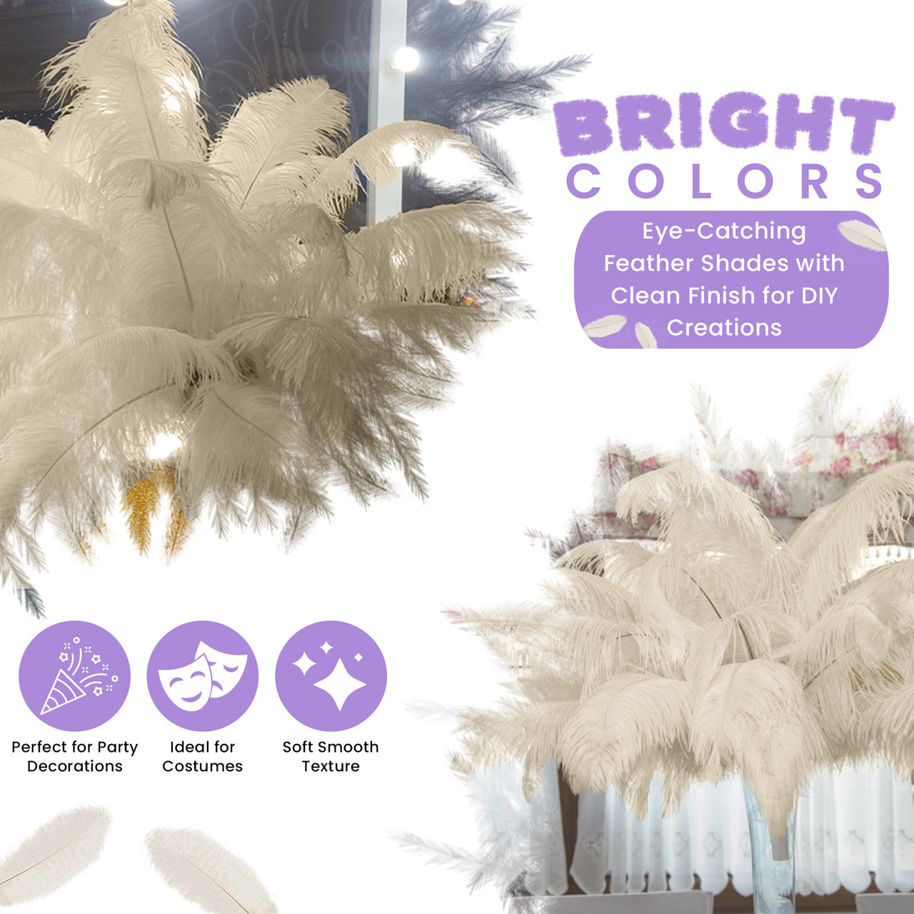 50-60cm Loose Ostrich Feathers, 5pcs - Ivory