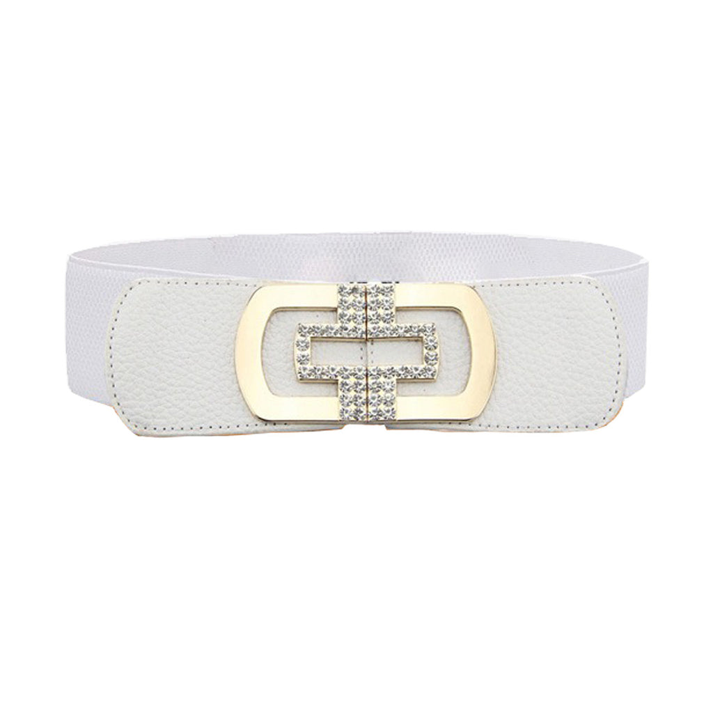 Elasticated Belt with Cross Diamante Buckle - White
