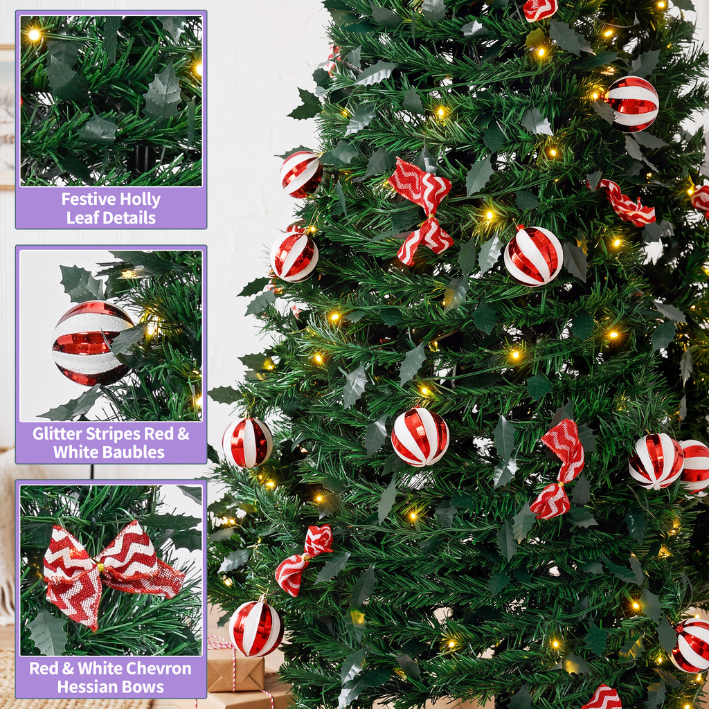 A decorated artificial Christmas tree with green faux foliage, warm yellow string lights, red-and-white striped baubles, and red-and-white chevron hessian bows. Three inset detail panels on the left show close-ups of festive holly leaf details, striped baubles, and chevron bows, with text labels.