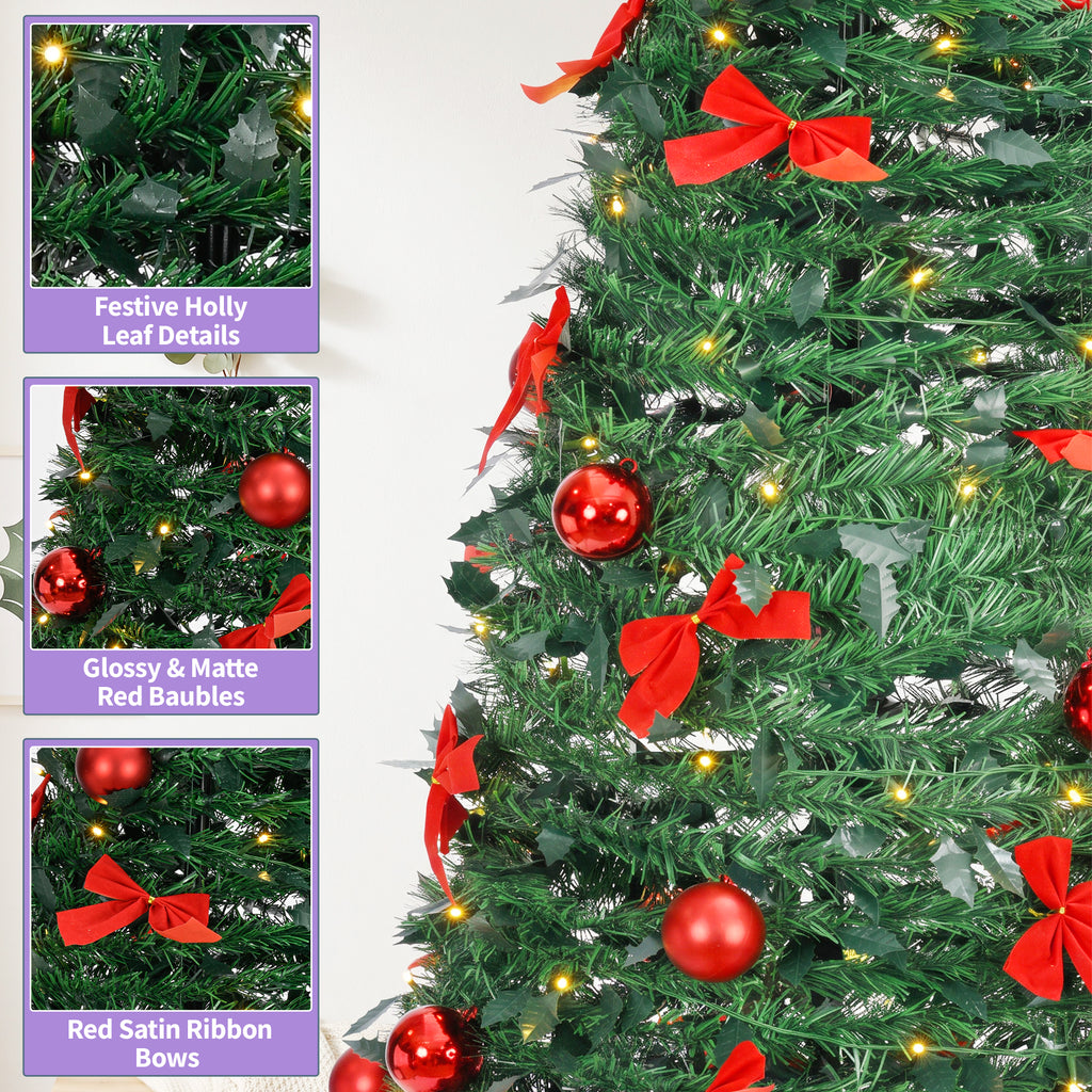 A green artificial Christmas tree decorated with red satin ribbon bows, shiny red baubles, and warm white string lights, shown with three inset detail panels on the left highlighting leaf texture, red baubles, and ribbon details.