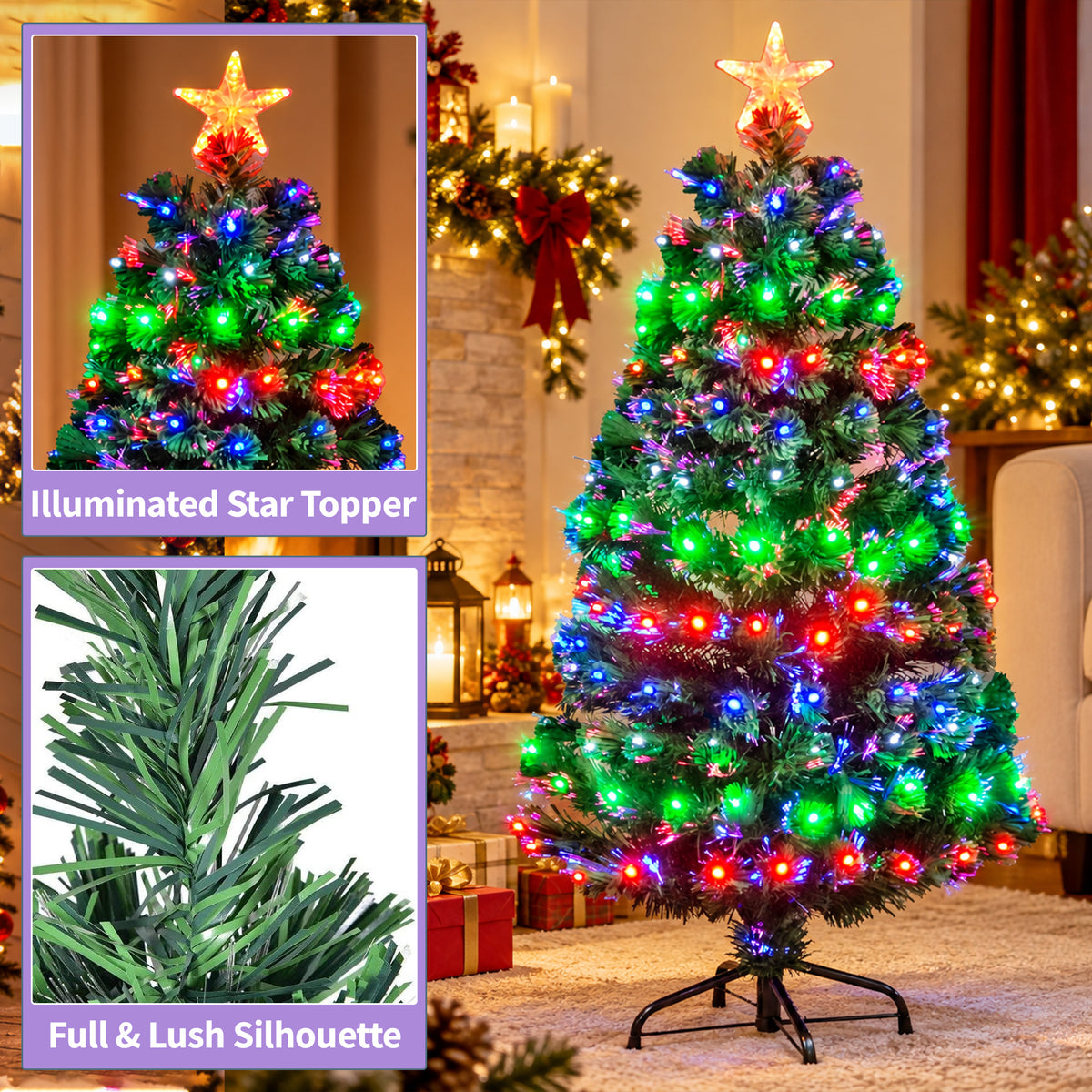 Fibre Optic Christmas Tree with 3 Colour LED Lights - 2ft/3ft/4ft/5ft/6ft/7ft