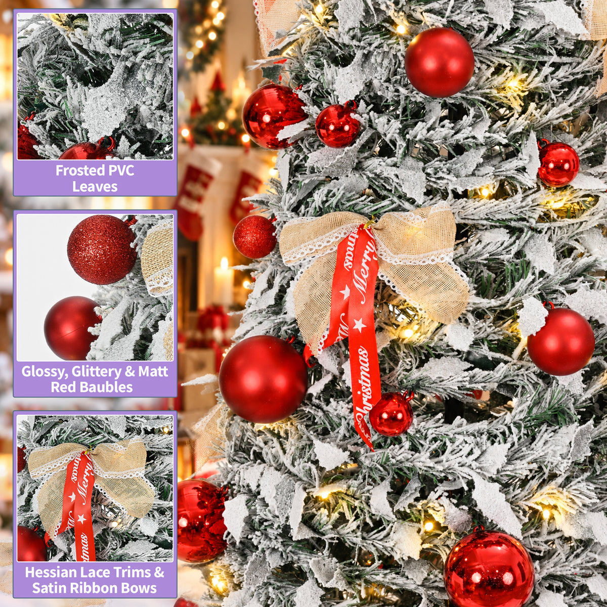 6ft Pop-Up Silver Christmas Tree with 150 Warm White LED Lights, Red Baubles & Festive Bows