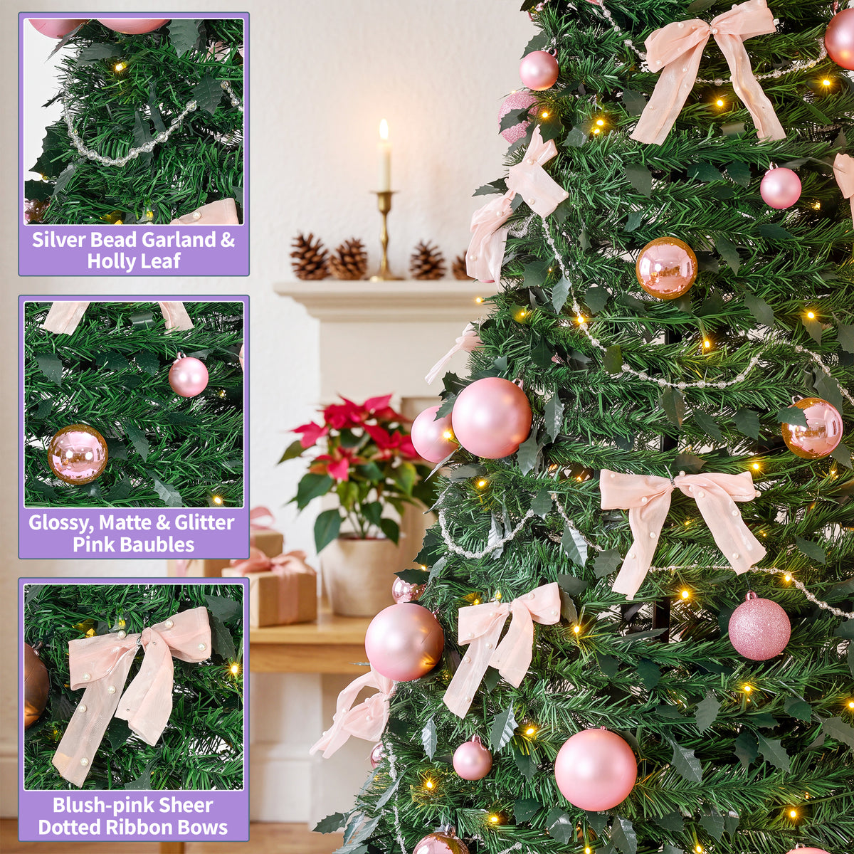 6ft Pop-Up Christmas Tree with 150 Warm White LED Lights, Pink Baubles & Ribbon Bows