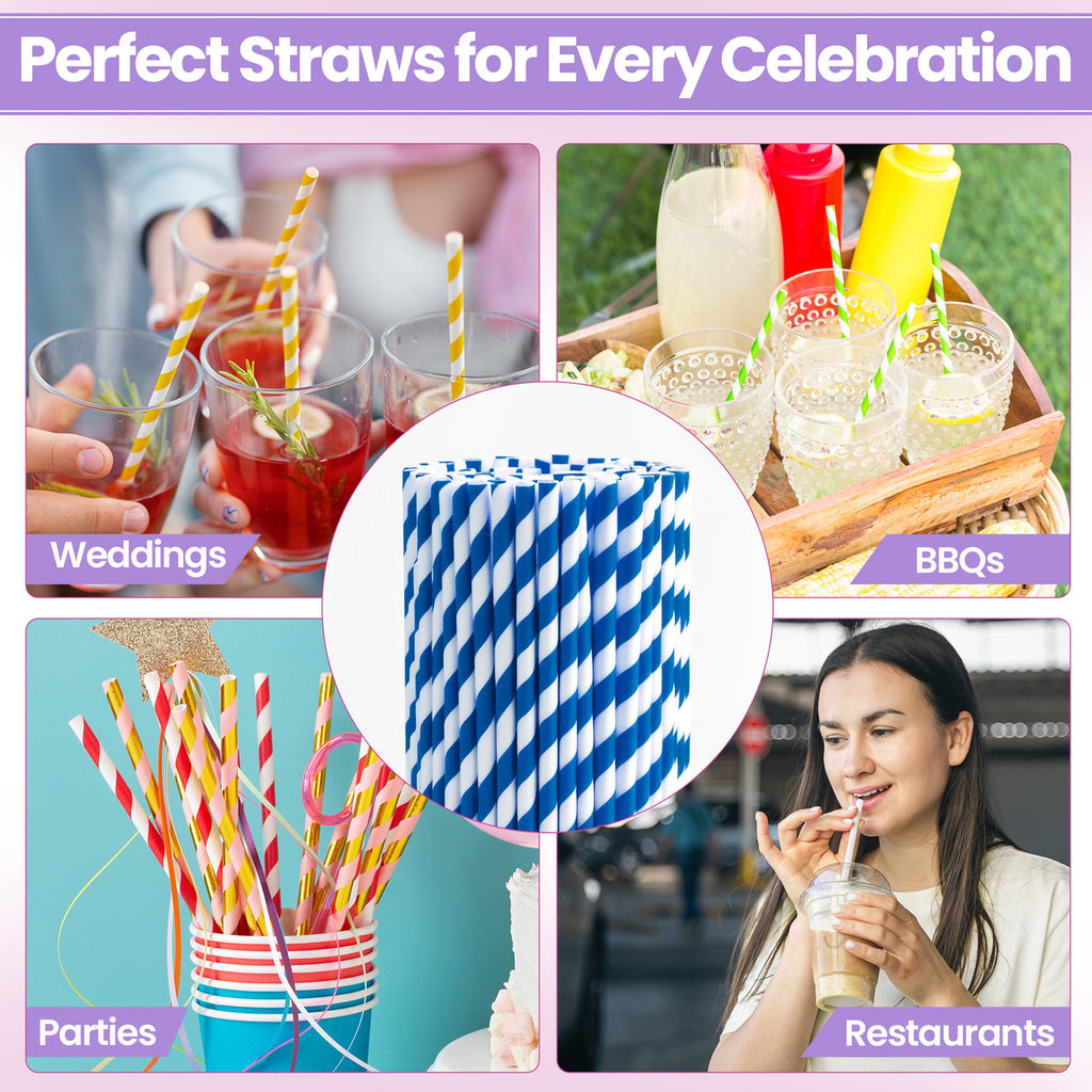 Blue & White Biodegradable Paper Straws