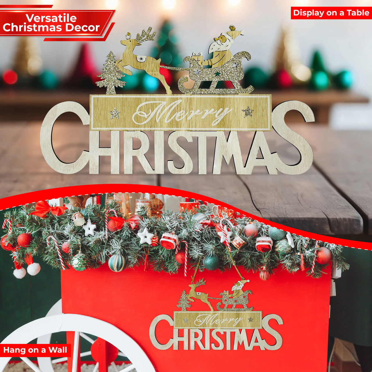 Merry Christmas Door Hanging Sign Plaque - Xmas Santa Sleigh with Reindeer Design