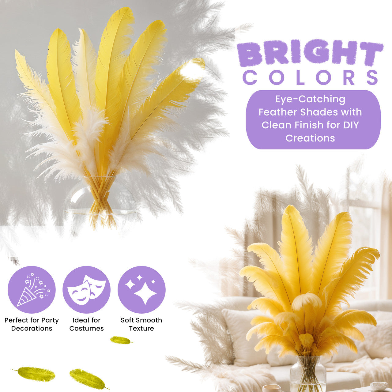 35-40cm Loose Ostrich Feathers, 5pcs - Yellow